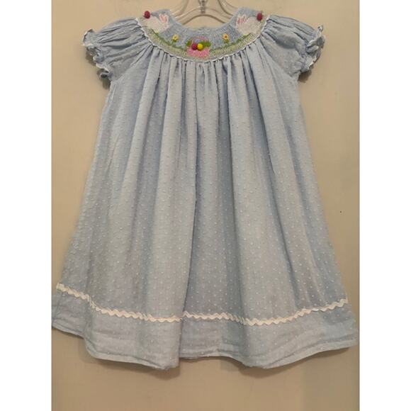 Marmellata Smocked Dress 4T Easter Bunny Embroidered Swiss Dots Blue Sz 4 - Picture 1 of 8